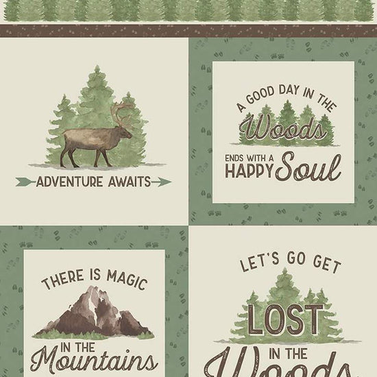 Image of the Let's Get Lost in the Woods Adventure Awaits quilting cotton panel by Tara Reed for Riley Blake Designs. Features outdoor phrases on squares. 
Cute Little Fabric Shop