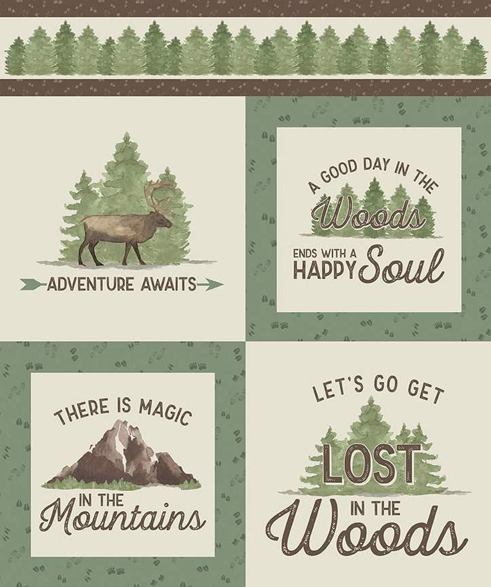 Image of the Let's Get Lost in the Woods Adventure Awaits quilting cotton panel by Tara Reed for Riley Blake Designs. Features outdoor phrases on squares. 
Cute Little Fabric Shop