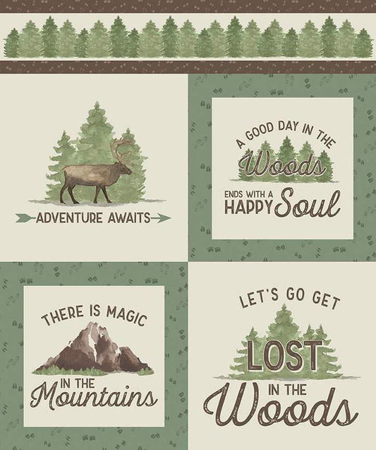 Image of the Let's Get Lost in the Woods Adventure Awaits quilting cotton panel by Tara Reed for Riley Blake Designs. Features outdoor phrases on squares. 
Cute Little Fabric Shop