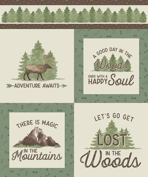 Image of the Let&#39;s Get Lost in the Woods Adventure Awaits quilting cotton panel by Tara Reed for Riley Blake Designs. Features outdoor phrases on squares. 
Cute Little Fabric Shop