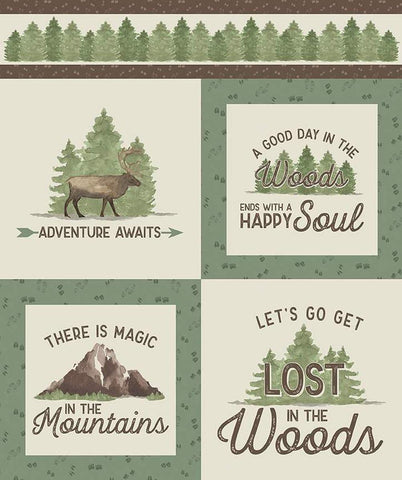 Image of the Let&#39;s Get Lost in the Woods Adventure Awaits quilting cotton panel by Tara Reed for Riley Blake Designs. Features outdoor phrases on squares. 
Cute Little Fabric Shop