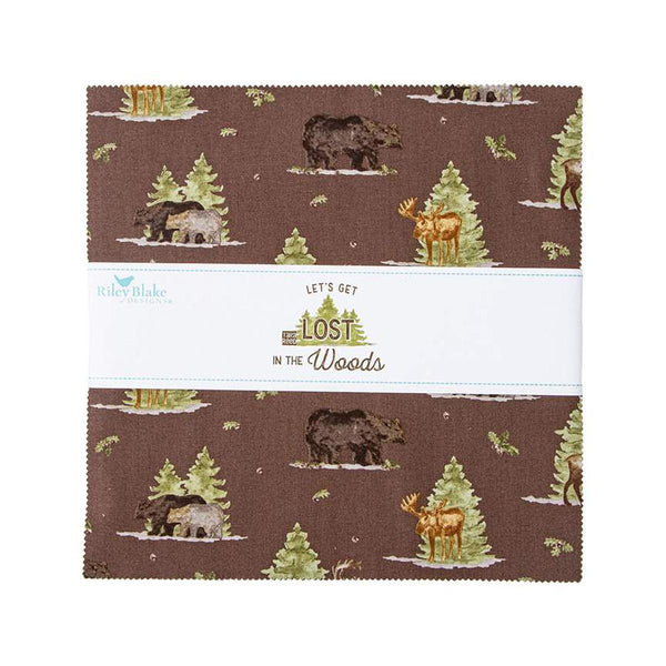 Image of the Lets Get Lost in the Woods 10 inch stacker by Tara Reed for Riley Blake Designs. Features outdoor patterns with animals, trees, and leaves on green, brown, blue, and cream fabrics. 
Cute Little Fabric Shop