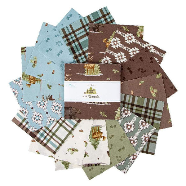 Image of the Lets Get Lost in the Woods 5 inch stacker by Tara Reed for Riley Blake Designs. Features outdoor patterns with animals, trees, and leaves on green, brown, blue, and cream fabrics. 
Cute Little Fabric Shop