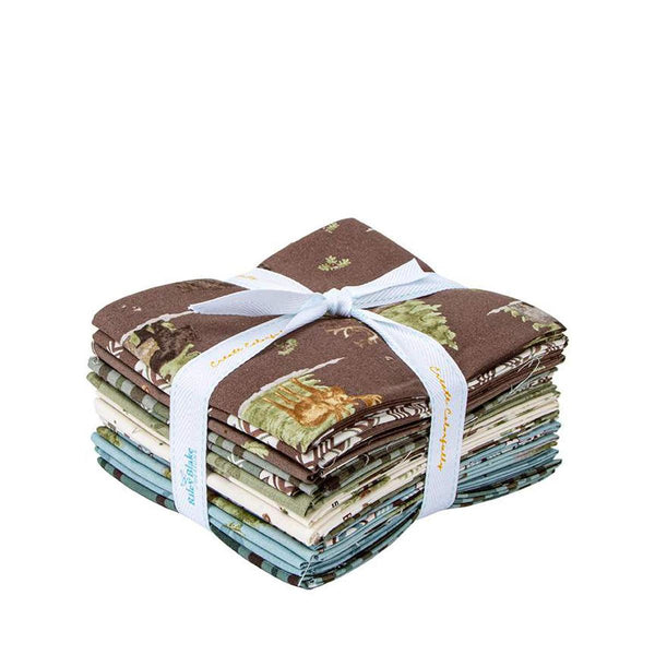 Image of the Lets Get Lost in the Woods Fat quarter bundle by Tara Reed for Riley Blake Designs. Features outdoor patterns with animals, trees, and leaves on green, brown, blue, and cream fabrics. 
Cute Little Fabric Shop