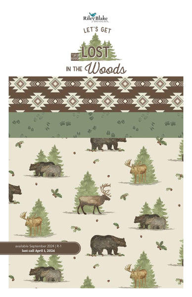 Image of the Lets Get Lost in the Woods storyboard by Tara Reed for Riley Blake Designs. Features outdoor patterns with animals, trees, and leaves on green, brown, blue, and cream fabrics. 
Cute Little Fabric Shop