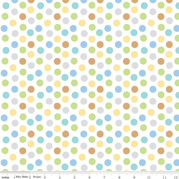 Image of the Special Delivery Dots Multi quilting cotton fabric by Doodlebug Design Inc for Riley Blake Designs. Features multicolored green, blue, and gray dots on a white background. 
Cute Little Fabric Shop