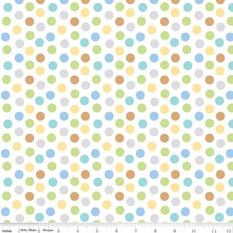 Image of the Special Delivery Dots Multi quilting cotton fabric by Doodlebug Design Inc for Riley Blake Designs. Features multicolored green, blue, and gray dots on a white background. 
Cute Little Fabric Shop