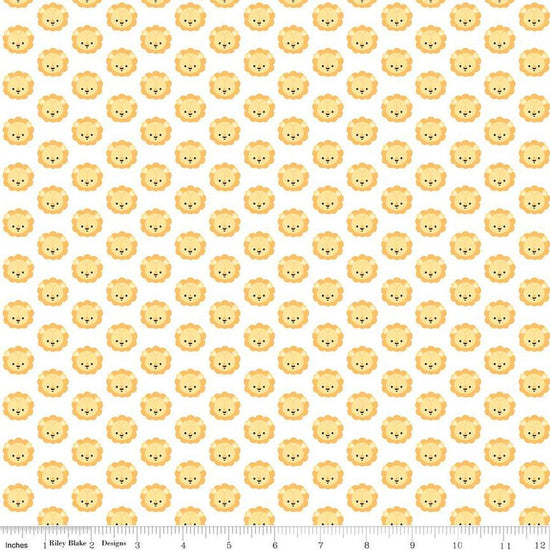 Image of the Special Delivery Lions White quilting cotton fabric by Doodlebug Design Inc for Riley Blake Designs. Features cute little lion heads on a white background. 
Cute Little Fabric Shop