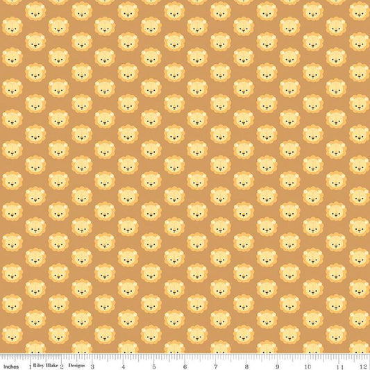 Image of the Special Delivery Lions Brown quilting cotton fabric by Doodlebug Design Inc for Riley Blake Designs. Features cute little lion heads on a brown background. 
Cute Little Fabric Shop