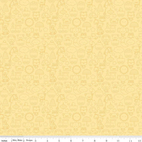 Image of the Special Delivery Tone-on-Tone Yellow quilting cotton fabric by Doodlebug Design Inc for Riley Blake Designs. Features baby-themed icons such as toys, bears, moon, and elephants on a yellow background. 
Cute Little Fabric Shop