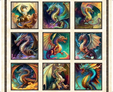 Dragon Fyre 29926 Large Dragon Picture Patches E Panel - by QT Fabrics - Fire Breathing Dragons - Quilting Cotton Fabric