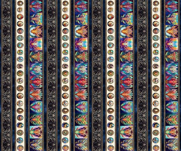 12" End of Bolt - Dragon Fyre 29929 Dragon Decorative Stripe X - by QT Fabrics - Fire Breathing Dragons Stripes - Quilting Cotton Fabric
