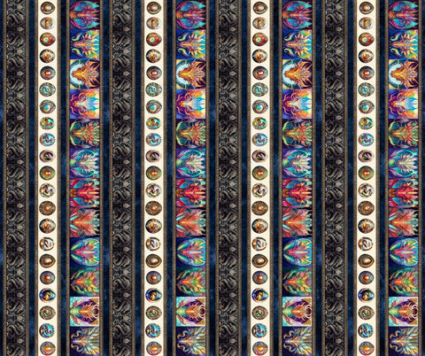 12" End of Bolt - Dragon Fyre 29929 Dragon Decorative Stripe X - by QT Fabrics - Fire Breathing Dragons Stripes - Quilting Cotton Fabric