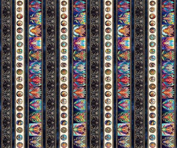 12" End of Bolt - Dragon Fyre 29929 Dragon Decorative Stripe X - by QT Fabrics - Fire Breathing Dragons Stripes - Quilting Cotton Fabric