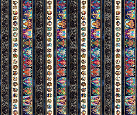 12" End of Bolt - Dragon Fyre 29929 Dragon Decorative Stripe X - by QT Fabrics - Fire Breathing Dragons Stripes - Quilting Cotton Fabric