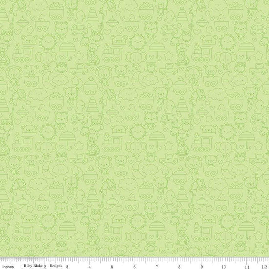 Image of the Special Delivery Tone-on-Tone Green quilting cotton fabric by Doodlebug Design Inc for Riley Blake Designs. Features baby-themed icons such as toys, bears, moon, and elephants on a green background. 
Cute Little Fabric Shop