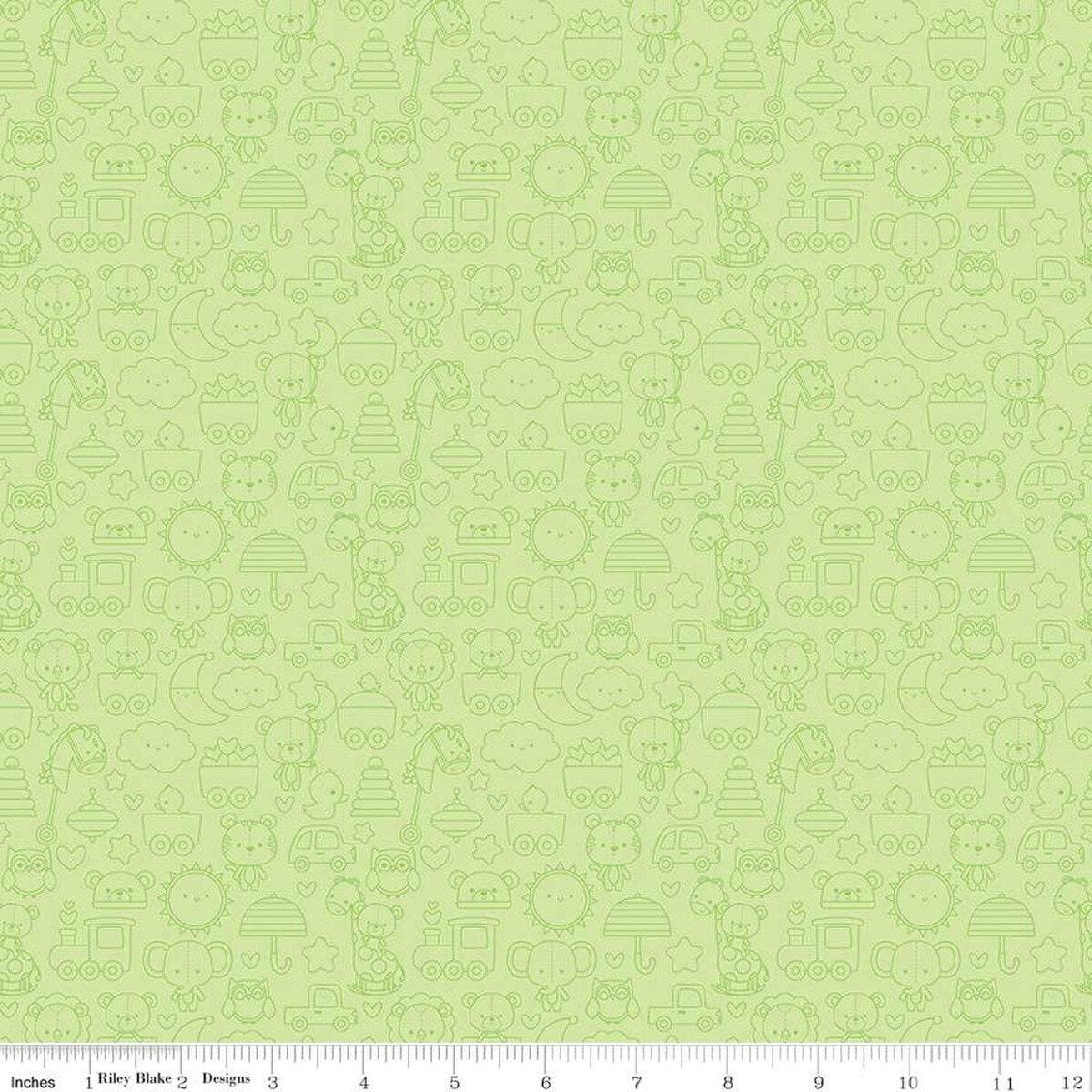 Image of the Special Delivery Tone-on-Tone Green quilting cotton fabric by Doodlebug Design Inc for Riley Blake Designs. Features baby-themed icons such as toys, bears, moon, and elephants on a green background. 
Cute Little Fabric Shop