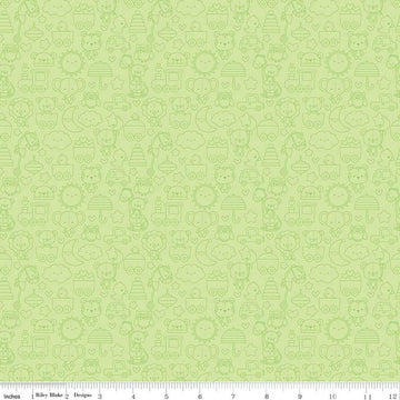 Image of the Special Delivery Tone-on-Tone Green quilting cotton fabric by Doodlebug Design Inc for Riley Blake Designs. Features baby-themed icons such as toys, bears, moon, and elephants on a green background. 
Cute Little Fabric Shop