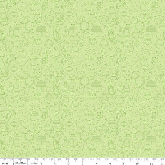 Image of the Special Delivery Tone-on-Tone Green quilting cotton fabric by Doodlebug Design Inc for Riley Blake Designs. Features baby-themed icons such as toys, bears, moon, and elephants on a green background. 
Cute Little Fabric Shop