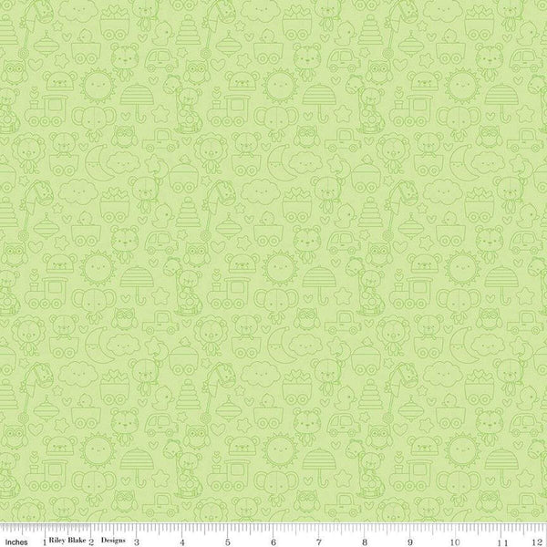 Image of the Special Delivery Tone-on-Tone Green quilting cotton fabric by Doodlebug Design Inc for Riley Blake Designs. Features baby-themed icons such as toys, bears, moon, and elephants on a green background. 
Cute Little Fabric Shop