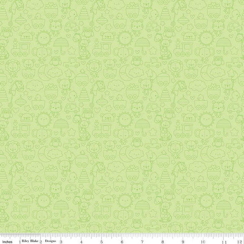 Image of the Special Delivery Tone-on-Tone Green quilting cotton fabric by Doodlebug Design Inc for Riley Blake Designs. Features baby-themed icons such as toys, bears, moon, and elephants on a green background. 
Cute Little Fabric Shop