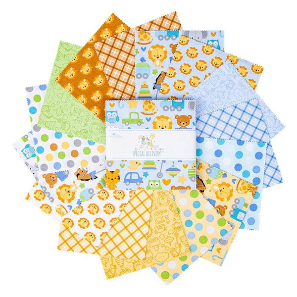 Image of the Special Delivery 5 inch stacker by Doodlebug Design Inc for Riley Blake Designs. Features baby boy fabrics with blue, yellow, and green. 
Cute Little Fabric Shop