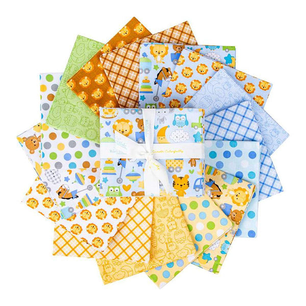 Image of the Special Delivery 15 piece fat quarter bundle by Doodlebug Design Inc for Riley Blake Designs. Features blue, yellow, and green baby boy fabrics. 
Cute Little Fabric Shop