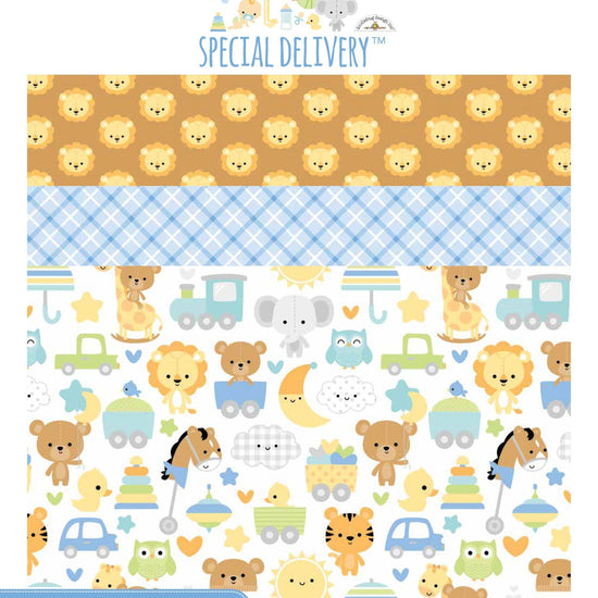 Image of the Special Delivery storyboard by Doodlebug Design Inc for Riley Blake Designs. Features blue, yellow, and green baby boy fabrics. 
Cute Little Fabric Shop