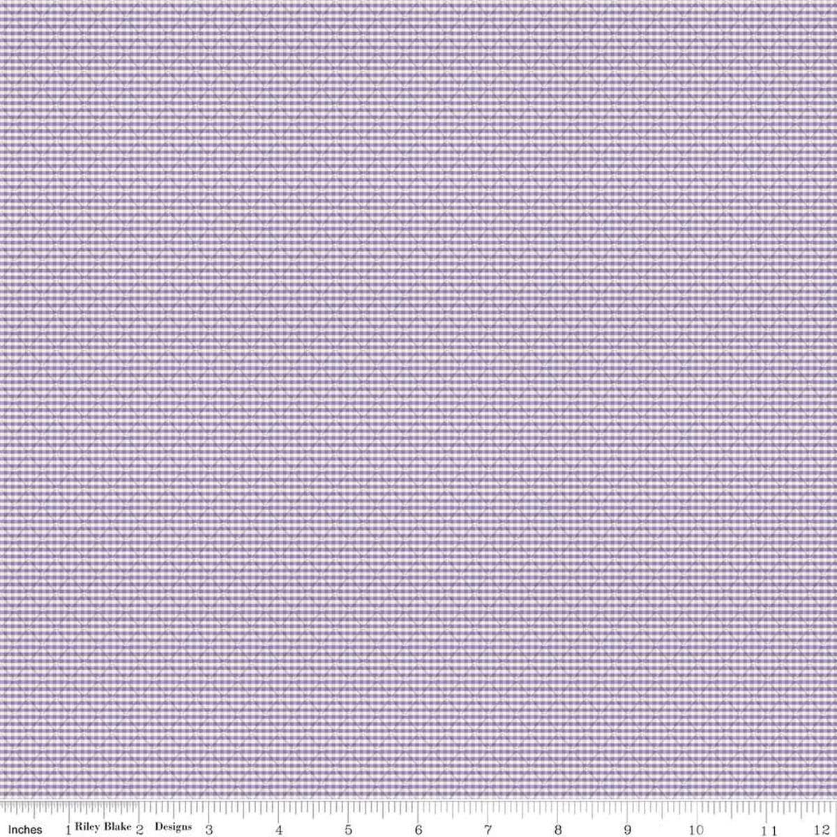 Image of the Stitcher's Flannel Railroad Stripe Lavender flannel fabric by Vicki McCarty for Riley Blake Designs. Features small checked plaid with a diagonal grid with light purple. 
Cute Little Fabric Shop