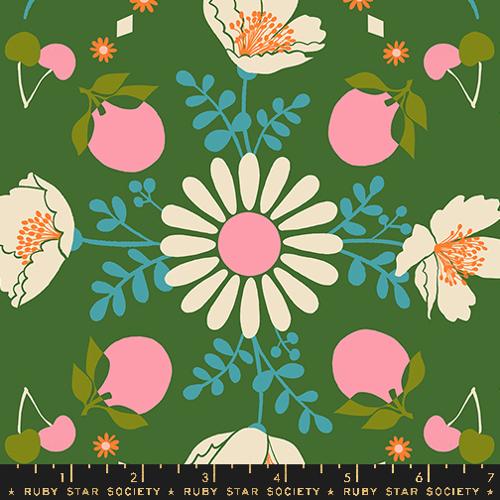 Image of the Juicy Retro Fruit Sarah Green quilting cotton fabric by Melody Miller for Ruby Star Society, distributed by Moda Fabrics. Features flowers, fruit, and leaves on a dark green background. 
Cute Little Fabric Shop