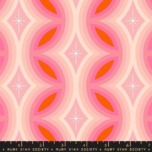 Image of the Juicy Retro Stripe Balmy quilting cotton fabric by Melody Miller for Ruby Star Society, distributed by Moda Fabrics. Features a retro stripe pattern on a bright pink background. 
Cute Little Fabric Shop