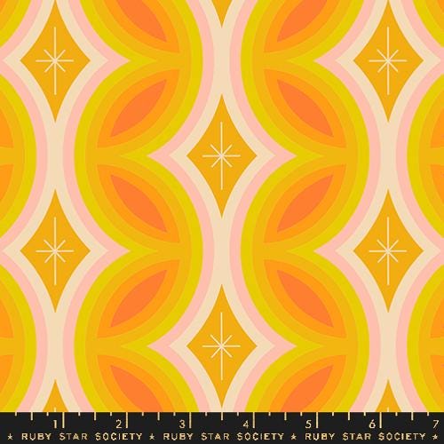 Image of the Juicy Retro Stripe Buttercup quilting cotton fabric by Melody Miller for Ruby Star Society, distributed by Moda Fabrics. Features a retro stripe pattern on a bright yellow background. 
Cute Little Fabric Shop