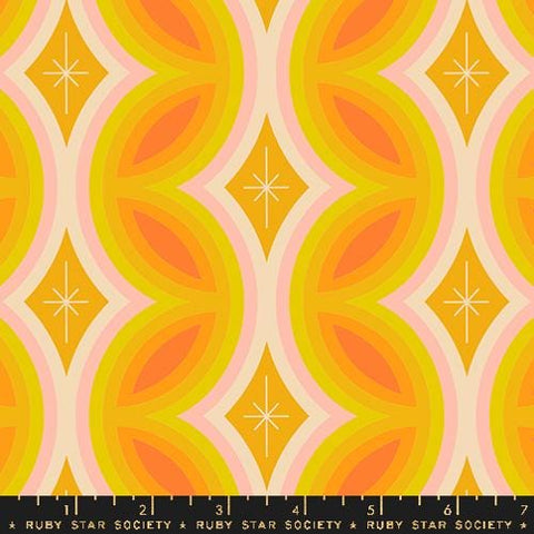 Image of the Juicy Retro Stripe Buttercup quilting cotton fabric by Melody Miller for Ruby Star Society, distributed by Moda Fabrics. Features a retro stripe pattern on a bright yellow background. 
Cute Little Fabric Shop