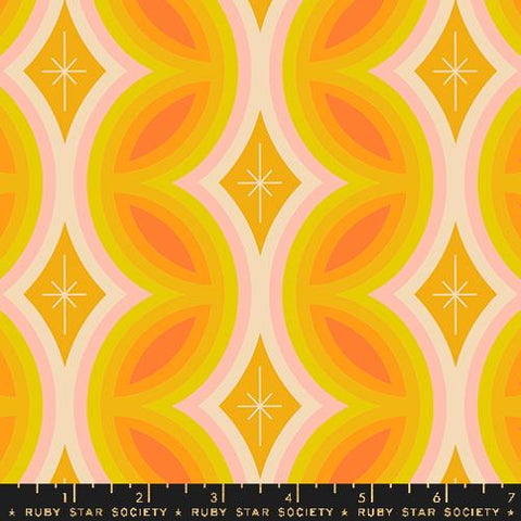 Image of the Juicy Retro Stripe Buttercup quilting cotton fabric by Melody Miller for Ruby Star Society, distributed by Moda Fabrics. Features a retro stripe pattern on a bright yellow background. 
Cute Little Fabric Shop