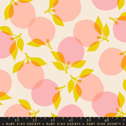 Image of the Juicy Peaches Shell quilting cotton fabric by Melody Miller for Ruby Star Society, distributed by Moda Fabrics. Features translucent pink peaches on a light cream background. 
Cute Little Fabric Shop