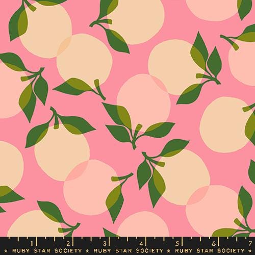 Image of the Juicy Peaches Sorbet quilting cotton fabric by Melody Miller for Ruby Star Society, distributed by Moda Fabrics. Features translucent pink peaches on a pink background. 
Cute Little Fabric Shop
