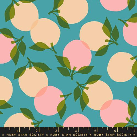 Image of the Juicy Peaches Dark Turquoise quilting cotton fabric by Melody Miller for Ruby Star Society, distributed by Moda Fabrics. Features translucent pink peaches on a blue teal background. 
Cute Little Fabric Shop