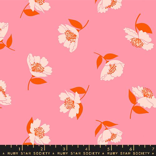 Image of the Juicy Floral Sorbet quilting cotton fabric by Melody Miller for Ruby Star Society, distributed by Moda Fabrics. Features flowers on a pink background. 
Cute Little Fabric Shop