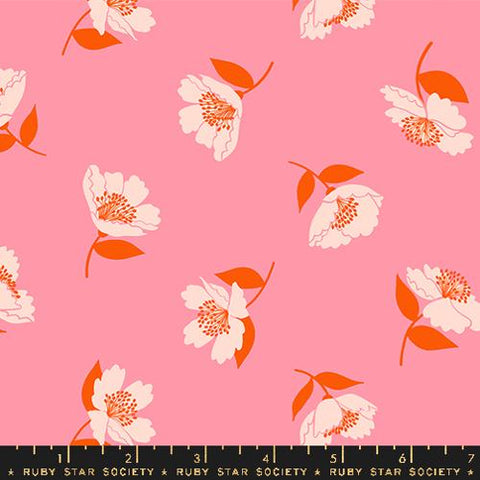 Image of the Juicy Floral Sorbet quilting cotton fabric by Melody Miller for Ruby Star Society, distributed by Moda Fabrics. Features flowers on a pink background. 
Cute Little Fabric Shop