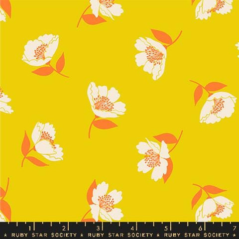 Image of the Juicy Floral Golden Hour quilting cotton fabric by Melody Miller for Ruby Star Society, distributed by Moda Fabrics. Features flowers on a bright yellow background. 
Cute Little Fabric Shop