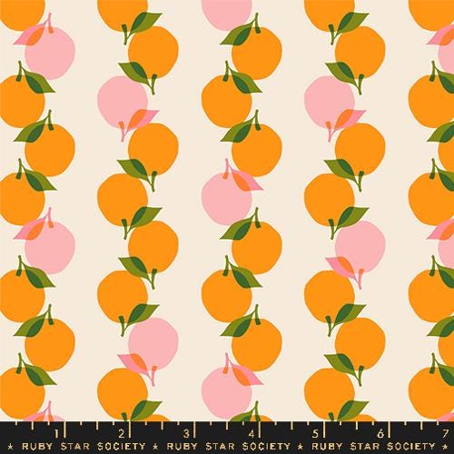 Image of the Juicy Fruit Stripe Orange quilting cotton fabric by Melody Miller for Ruby Star Society, distributed by Moda Fabrics. Features peaches arranged in stripe patterns on a light beige background. 
Cute Little Fabric Shop