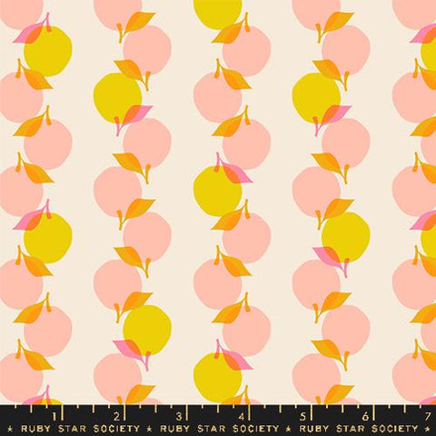 Image of the Juicy Fruit Stripe Shell quilting cotton fabric by Melody Miller for Ruby Star Society, distributed by Moda Fabrics. Features peaches arranged in stripe patterns on a cream background. 
Cute Little Fabric Shop