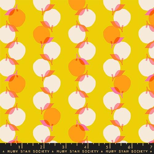 Image of the Juicy Fruit Stripe Golden Hour quilting cotton fabric by Melody Miller for Ruby Star Society, distributed by Moda Fabrics. Features peaches arranged in stripe patterns on a bright yellow background. 
Cute Little Fabric Shop