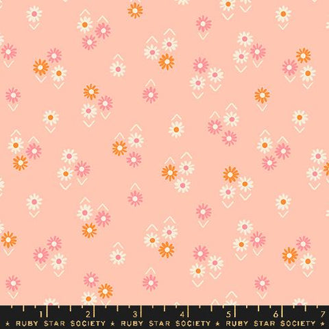 Image of the Juicy Small Floral Peach quilting cotton fabric by Melody Miller for Ruby Star Society, distributed by Moda Fabrics. Features small flowers on a pink background. 
Cute Little Fabric Shop