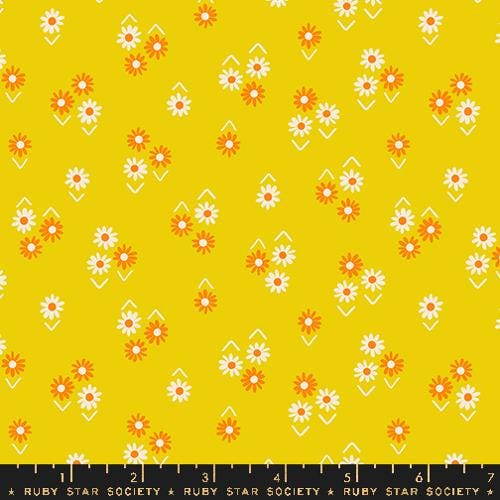 Image of the Juicy Small Floral Golden Hour quilting cotton fabric by Melody Miller for Ruby Star Society, distributed by Moda Fabrics. Features small flowers on a bright yellow background. 
Cute Little Fabric Shop