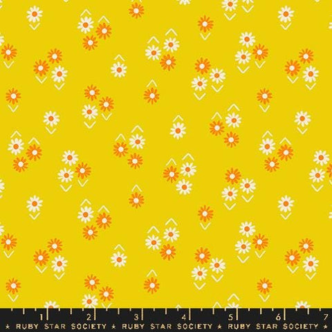Image of the Juicy Small Floral Golden Hour quilting cotton fabric by Melody Miller for Ruby Star Society, distributed by Moda Fabrics. Features small flowers on a bright yellow background. 
Cute Little Fabric Shop
