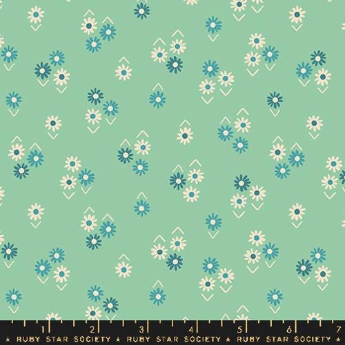 Image of the Juicy Small Floral Moss quilting cotton fabric by Melody Miller for Ruby Star Society, distributed by Moda Fabrics. Features small flowers on a mint background. 
Cute Little Fabric Shop