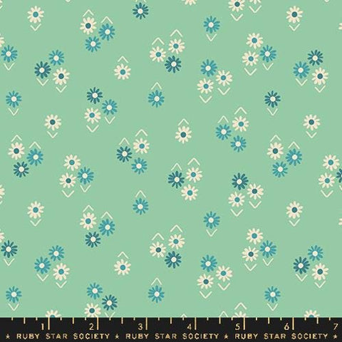 Image of the Juicy Small Floral Moss quilting cotton fabric by Melody Miller for Ruby Star Society, distributed by Moda Fabrics. Features small flowers on a mint background. 
Cute Little Fabric Shop