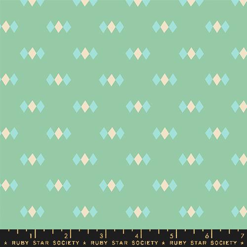 Image of the Juicy Diamonds Moss quilting cotton fabric by Melody Miller for Ruby Star Society, distributed by Moda Fabrics. Features small white diamonds on a mint green background. 
Cute Little Fabric Shop