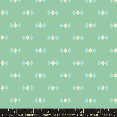 Image of the Juicy Diamonds Moss quilting cotton fabric by Melody Miller for Ruby Star Society, distributed by Moda Fabrics. Features small white diamonds on a mint green background. 
Cute Little Fabric Shop